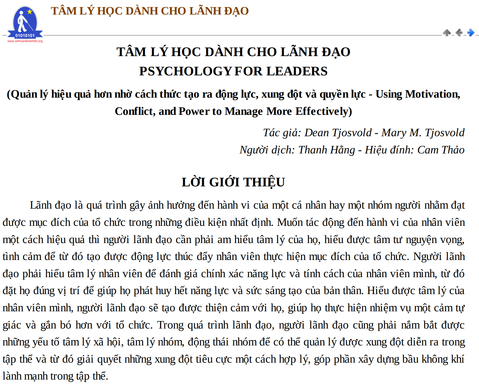 TÂM LÝ HỌC DÀNH CHO LÃNH ĐẠO - PSYCHOLOGY FOR LEADERS